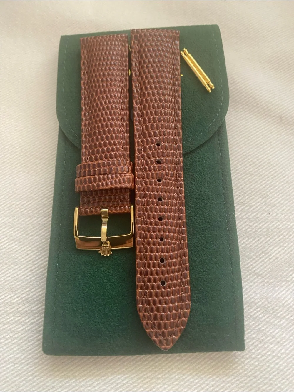 Vintage Brown Lizard-Texture Leather Watch Strap Rolex Gold Plated Buckle 20mm